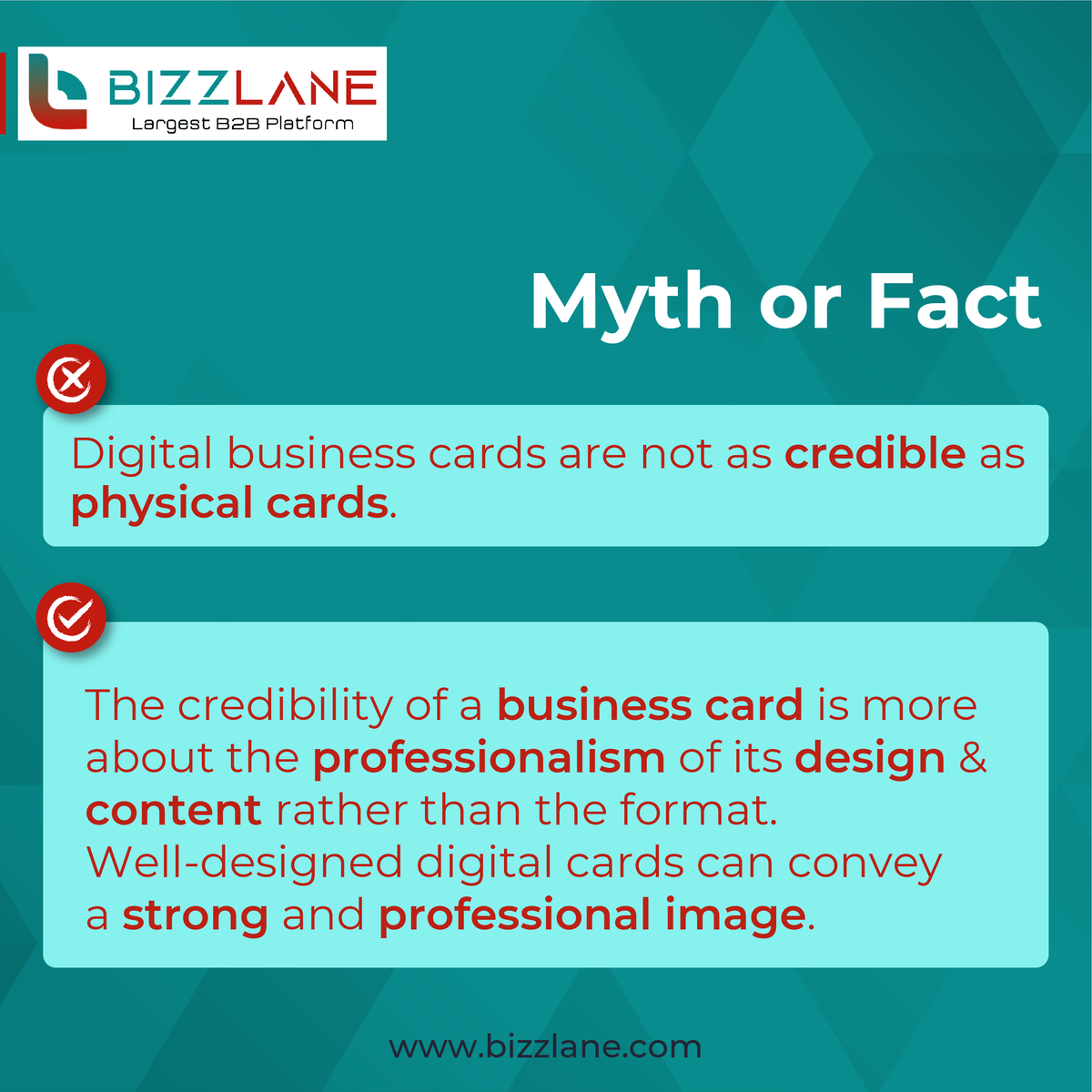 Myth or Fact

#bizzlane #NFCcards #bizzlanecard #nfcbusinesscard #JoinUsNow #NFCtechnology #MythOrFact #myths #fact #Credible #PhysicalCard #professionalism #strong #professionalimage