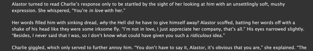 I wrote another #radiorose fanfic, this time featuring Charlie and Alastor talking about the aftermath of the extermination and the story of how Alastor and Rosie first met. #HazbinHotel #Alastor #Charlie #Rosie 
archiveofourown.org/works/54401122…
Some snippets below: