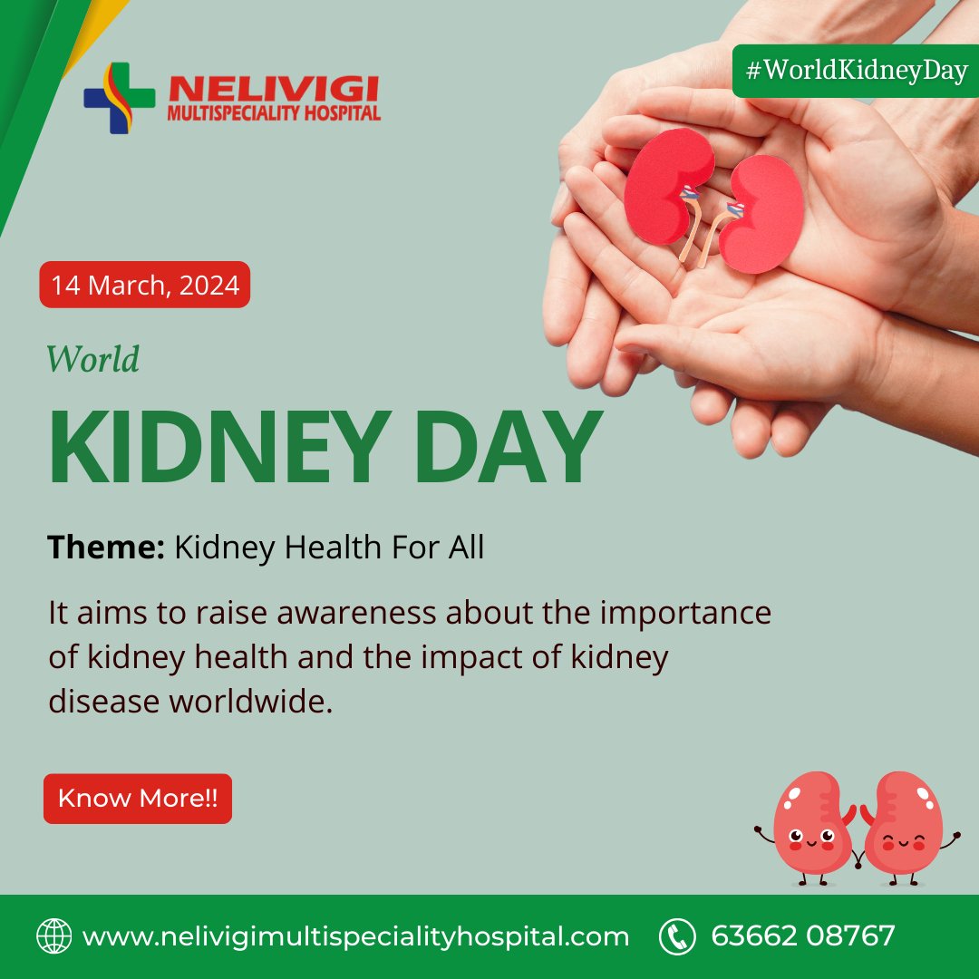 Happy #WorldKidneyDay 2024!!

#Theme: Kidney Health for All

It aims to raise awareness about the importance of kidney health and the impact of kidney disease worldwide.

Website: nelivigimultispecialityhospital.com @ 6366208767

#KidneyDay #NelivigiUrology #Bellandur​ #Bangalore