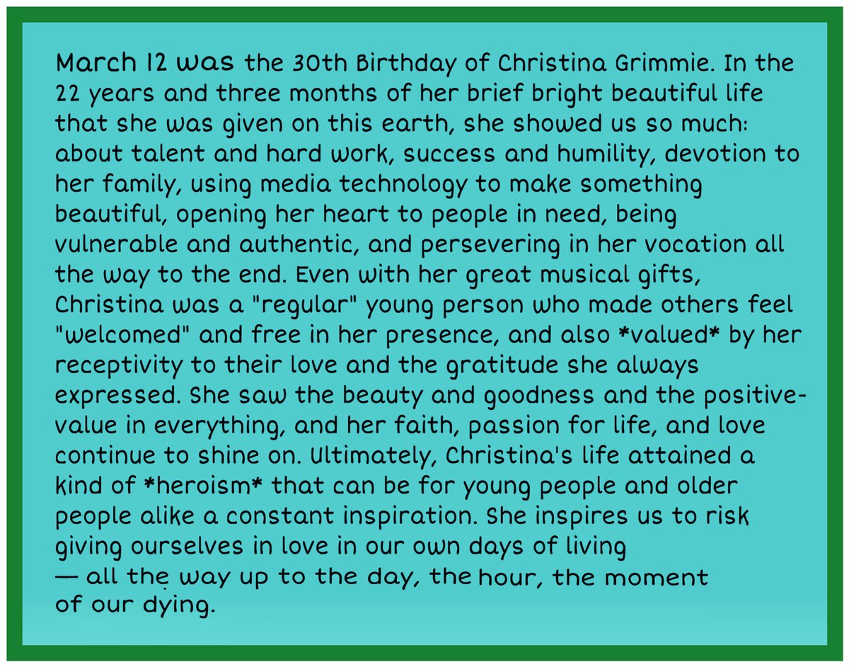 JohnJanaro's tweet photo. Celebrating Christina Grimmie, who would have turned 30 yesterday. She gave us so much in her short but great life (see comment text).💚 #CGForever #ChristinaGrimmie #TeamGrimmie @TheRealGrimmie https://t.co/7m7imRmgKF