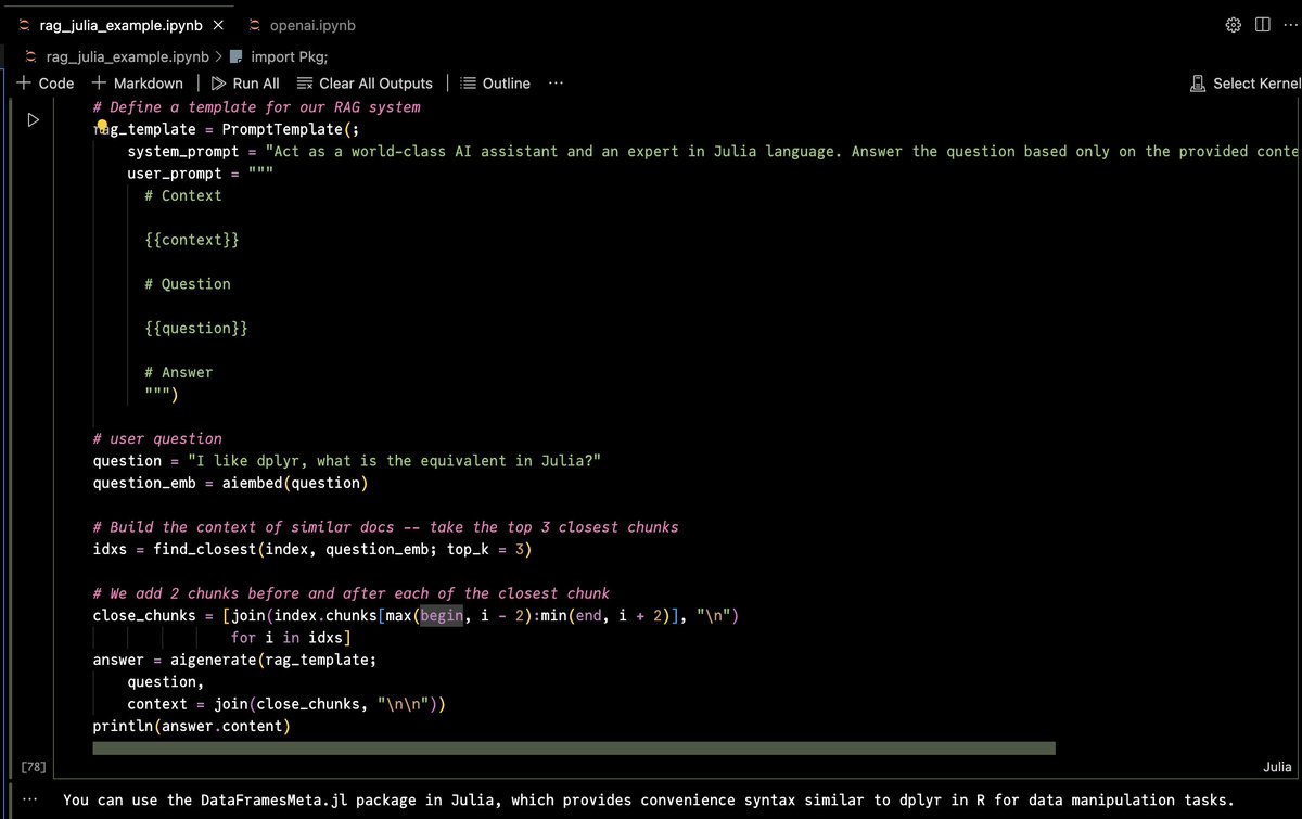 Build my RAG pipeline purely in #JuliaLang. Thanks to Jan. Currently, I am writing only python for my projects. If everything goes right. I'll be back to Julia contributing to RAG and LLM ecosystem soon