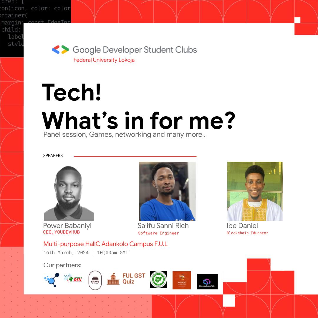 gdgoncampusful's tweet photo. 🚀 Excited to announce our event this Saturday at 10am. Join us for "Tech What's In for me" as we dive into the tech ecosystem, helping you kickstart and navigate your path in tech. RSVP now to secure your spot!  🌟https://t.co/xo4Wmd1Soi
@googlestudents
#DeveloperStudentClub https://t.co/PFjlpixAwP
