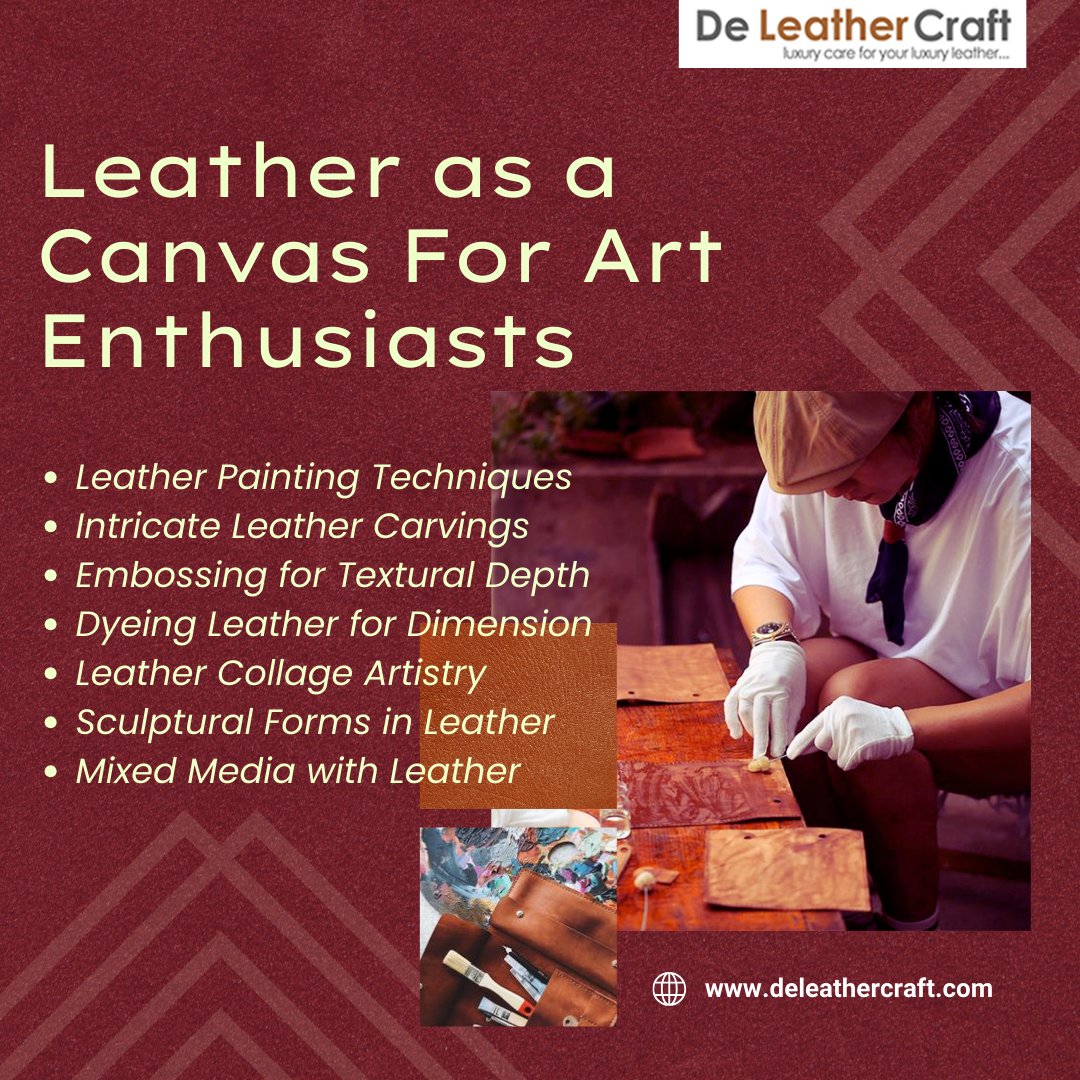 Unleash your creativity with De LeatherCraft. Transform leather into a canvas for art, exploring techniques like painting, carving, embossing, and more.  #DeLeatherCraft #LeatherArt #Painting #Carving #Embossing #Dyeing #CollageArtistry #SculpturalForms #MixedMedia #LeatherCraft