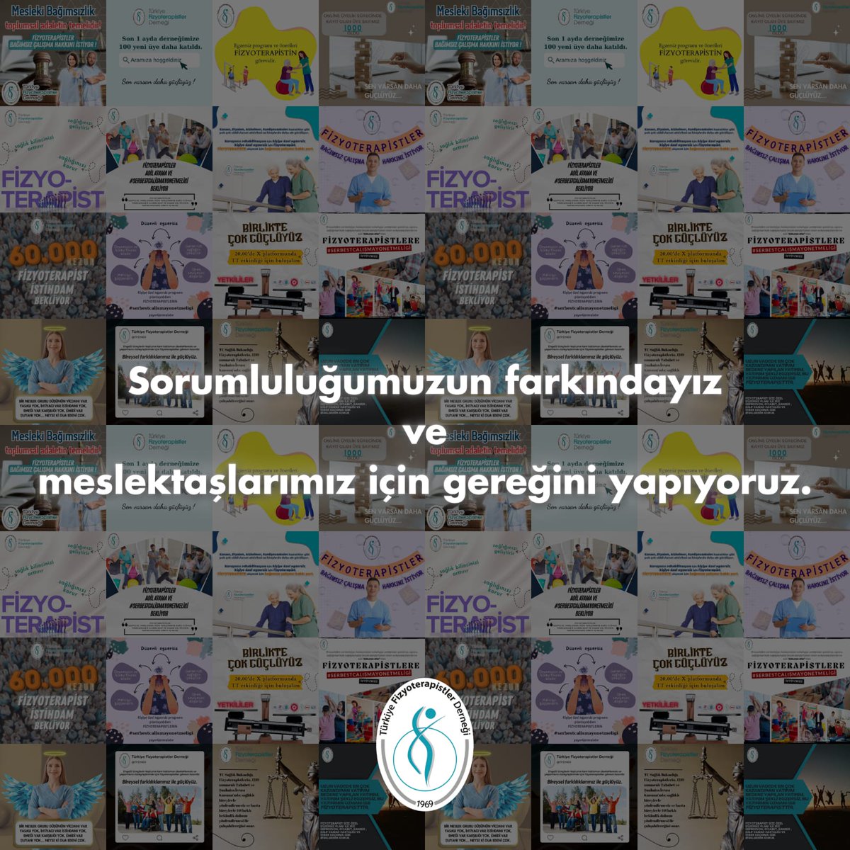 Değerli meslektaşlarımız,
 Mesleğimizin ve ülkemizin sağlık sisteminde var olan sorunların farkındayız.
Bu sorunların çözümü için verdiğiniz destekten aldığımız güçle mücadelemize devam ediyoruz.
Seninle daha da güçlüyüz. 💪
#SerbestÇalışmaYönetmeliği
#FizyoterapistlerBurada