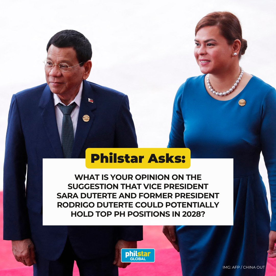 PhilstarNews's tweet photo. SARA FOR PRESIDENT, DIGONG FOR VP? 😲

What do you think about the suggestion that Vice President Sara Duterte and her father, former President Rodrigo Duterte, could hold the country's top positions in 2028? #PhilstarAsks

Related: https://t.co/7ctEe6EGor https://t.co/VE7VtOeRyu