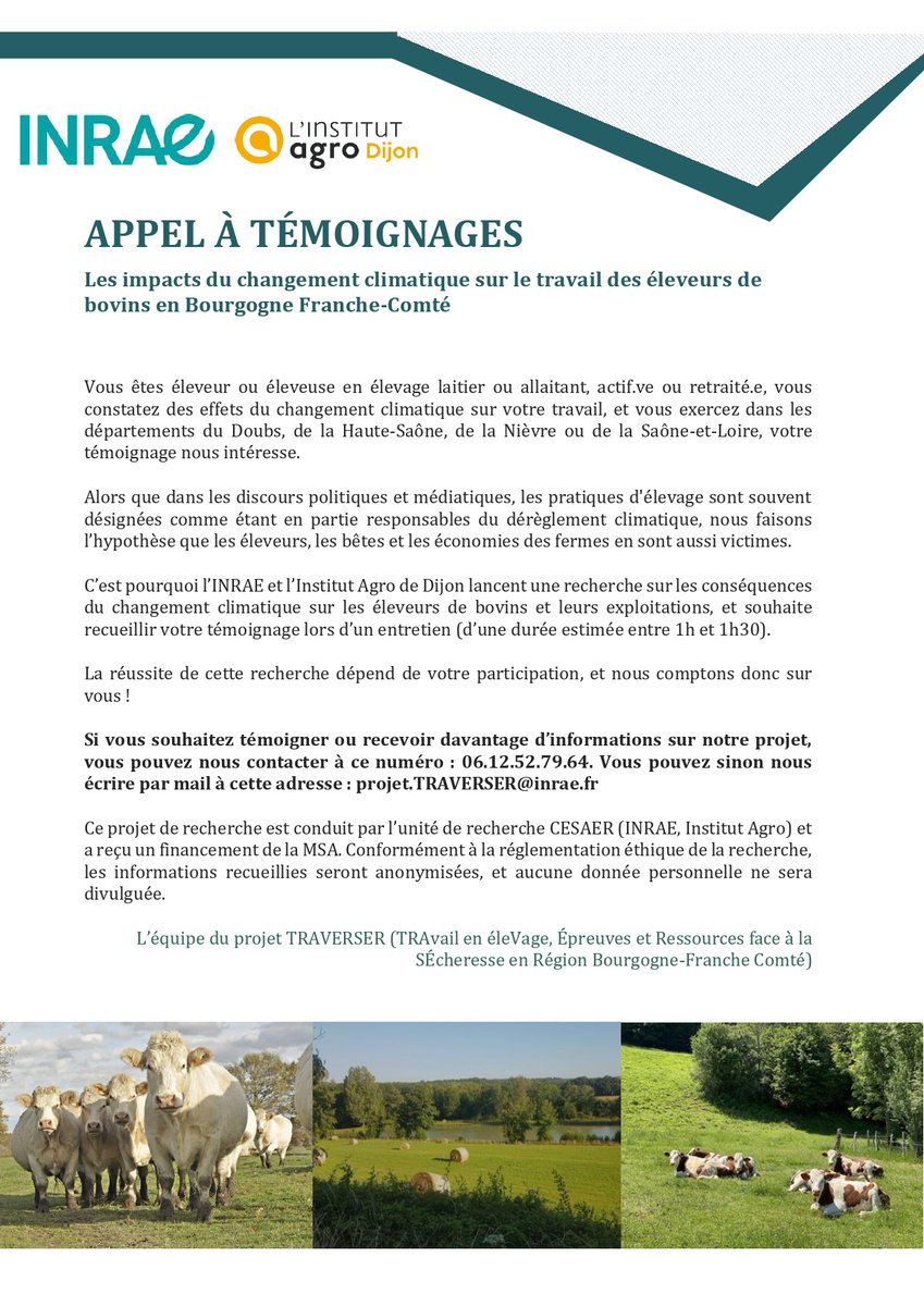 AseptFCB's tweet photo. 📢 APPEL A TEMOIGNAGES

🐮 Nous recherchons des éleveurs ou éleveuses en élevage bovin, actifs ou retraités, ayant constaté des effets du changement climatique sur leur travail, dans les départements 25, 70, 58, 71.

➡️https://t.co/d4rNYWxnnY

@MSAFRANCHECOMTE @msa_bourgogne https://t.co/TOQ31w1Du8