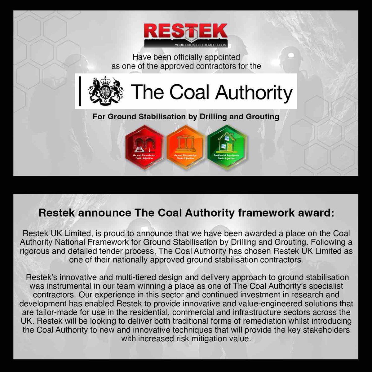 RestekUKLTD's tweet photo. Restek UK Limited are now an approved specialist contractor in The Coal Authority framework 👏🏚️👷🏻‍♂️

Find out more by clicking here: https://t.co/bI9dbTM2we

#SubsidenceRepair 
#TheCoalAuthority
#RestekUKLimited https://t.co/d2s5t3zxaJ