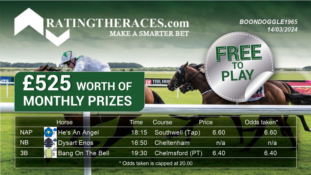 My #RTRNaps are: He's An Angel @ 18:15 Dysart Enos @ 16:50 Bang On The Bell @ 19:30 Sponsored by @RatingTheRaces - Enter for FREE here: bit.ly/NapCompFreeEnt…