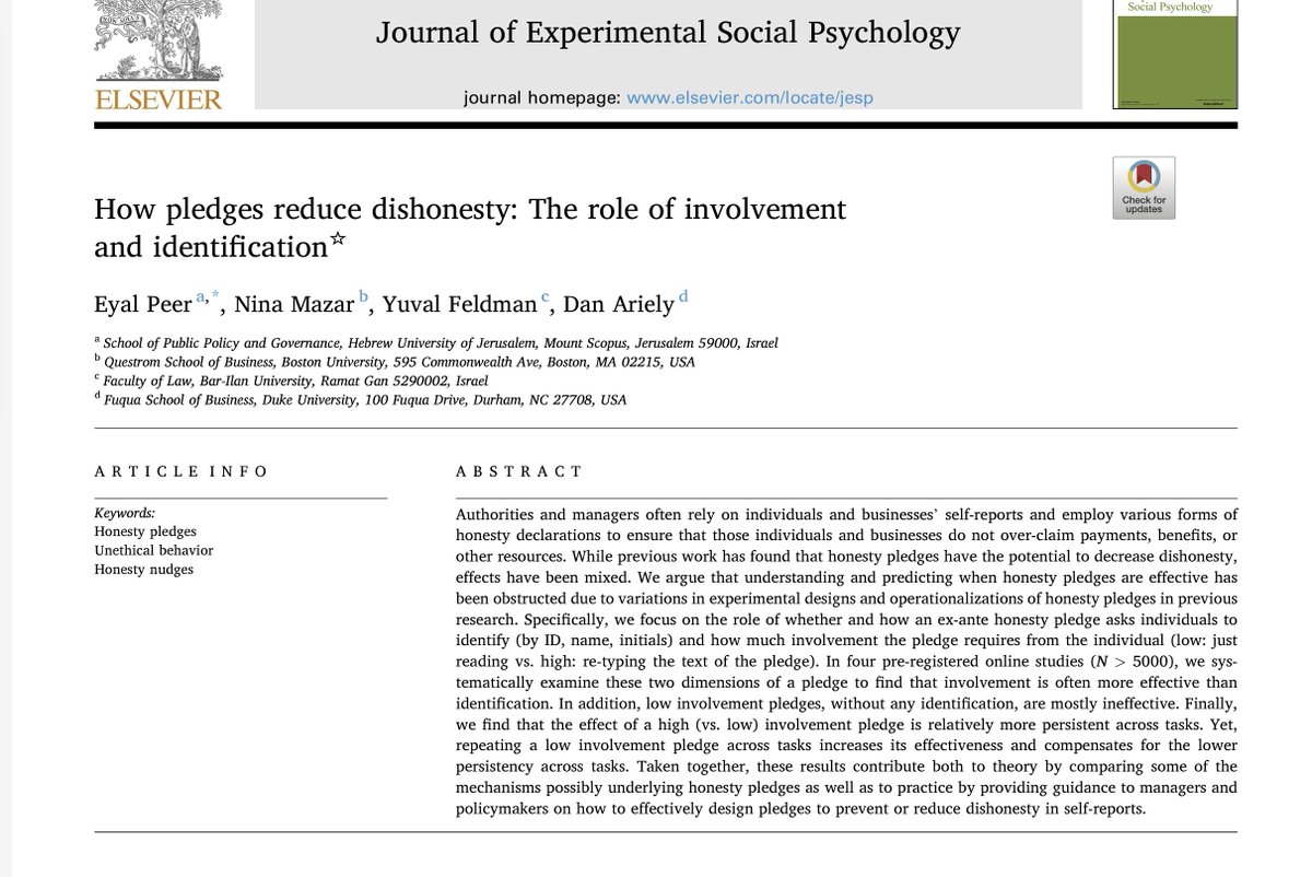 New Paper!!! with the great Eyal Pe'er, Nina Mazar and @danariely based on 4 consecutive experiments W > 5000 Participants, demonstrating how pledges with high 'involvement' & personal identification affect honesty and preserve that effect over multiple opportunities to cheat.