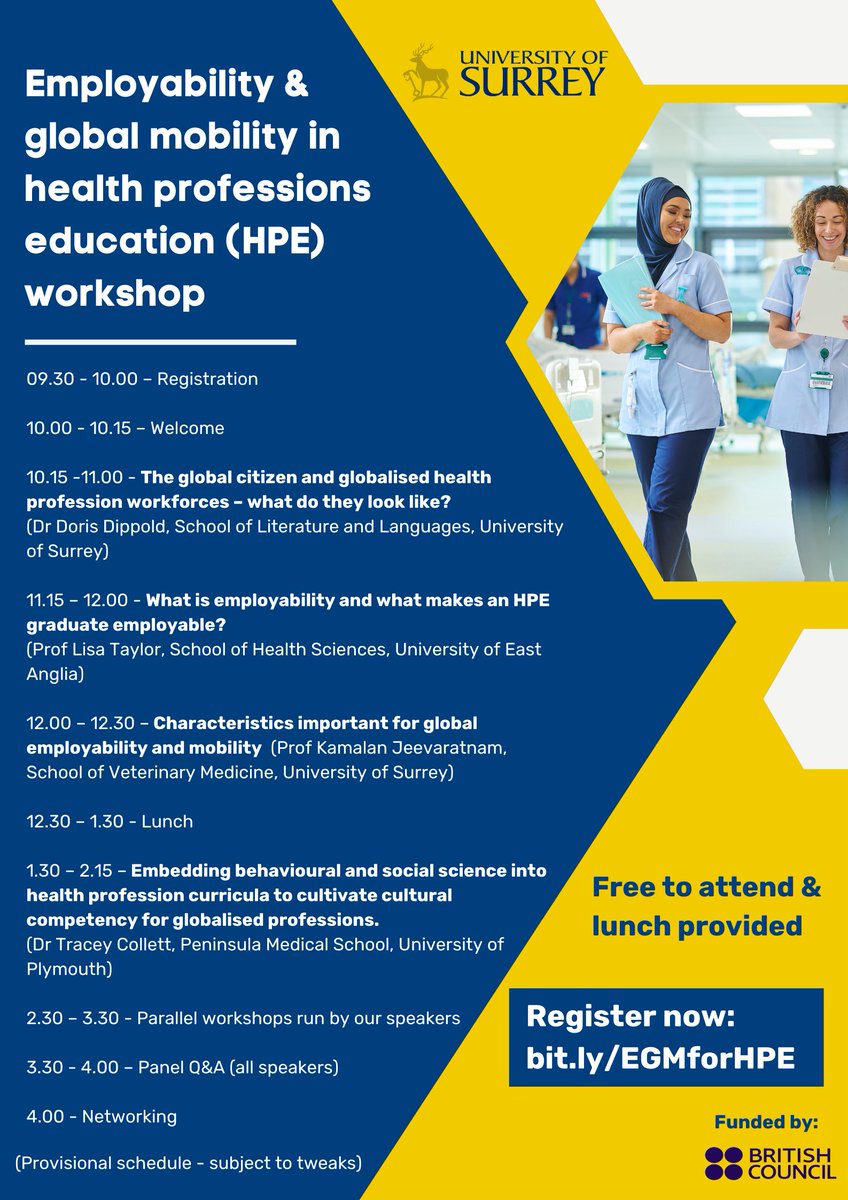 Come along to our workshop on Employability & Global Mobility in Health Professions Education. 📍Uni of Surrey Vet School 📆 9 April 9.30-4.30 💰 Free & lunch included. Funded by @BritishCouncil ✅ Sign up: bit.ly/EGMforHPE #uniofsurrey #universityofsurrey