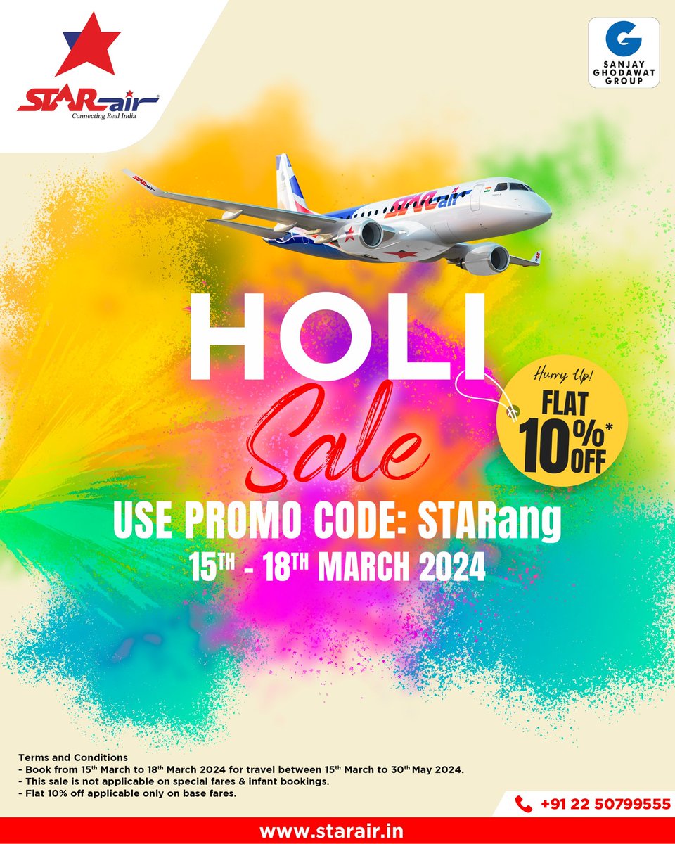 Star Air's vibrant Holi Sale is here! Make the most of it and book your tickets now!

#OfficialStarAir #ConnectingReallndia #IndianAviation #InstaAviation #Aviation #HoliSale #sale #discount #AviationSale