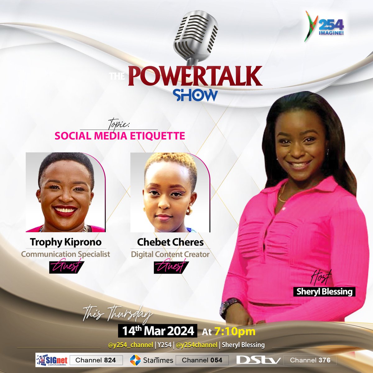 Tonight on #ThePowerTalkShow with Sheryl Blessing, we talk about social media etiquette with Trophy Kiprono and Chebet Cheres. Tune in from 7:10 pm to catch this conversation. ^NK