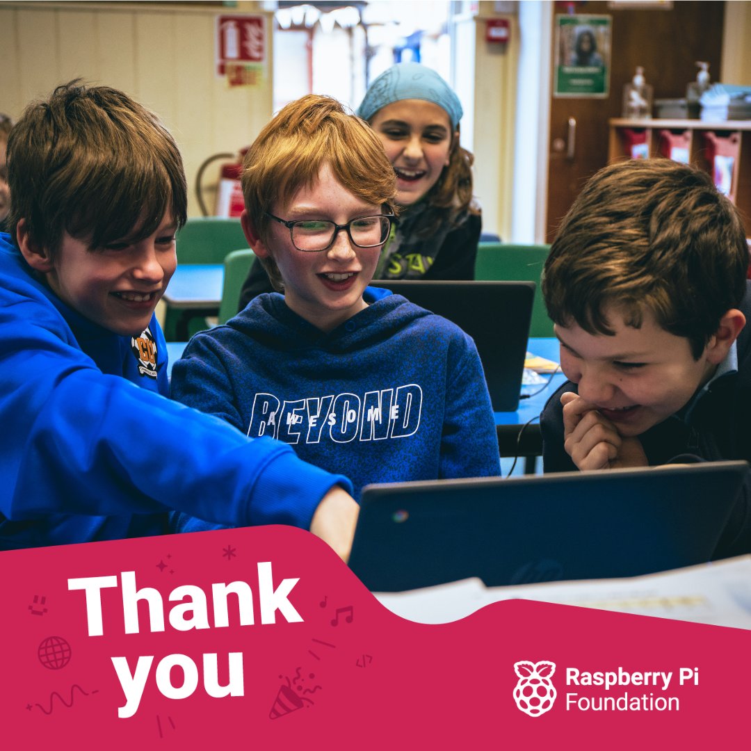 RaspberryPi_org's tweet image. On #PiDay, we want to thank everyone who supports our mission 🫶

In 2023, we enabled over 1.2 million learners to get creative with tech through coding clubs, challenges, and resources.

Thank you for being part of an amazing global community promoting computing education 🙌