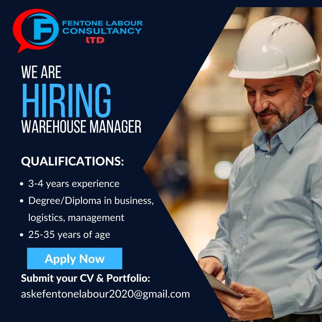 FentoneLabourCo's tweet photo. JOB OPPORTUNITY!
We’re Hiring A Warehouse Manager
QUALIFICATIONS:
-25-35 years of Age
-3-4 years of working experience
-A Diploma or a bachelors degree in Business, logistics, management
Send your CV &amp; applications to
Email: askfentonelabour@gmail.com/
hr.fentonecareers@gmail.com https://t.co/xyQid3cRGf