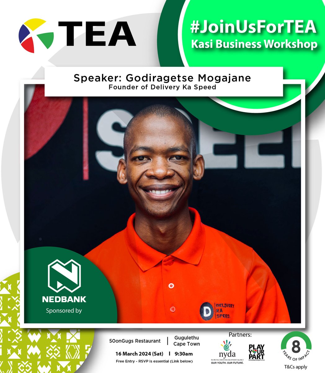 JoinUsForTEA's tweet photo. #JoinUsForTEA with Godiragetse Mogajane founder of @deliverykaspeed

Founded in July 2021 by the youth of Hammanskraal ( Township 30km North of Pretoria CBD), Delivery Ka Speed simply means "Speedy Delivery" in Sepitori. The company seeks to provide convenience to the township market while cultivating the culture of gig work for the township unemployed youth.

LIVESTREAM HERE: https://t.co/XikG3PA7qi