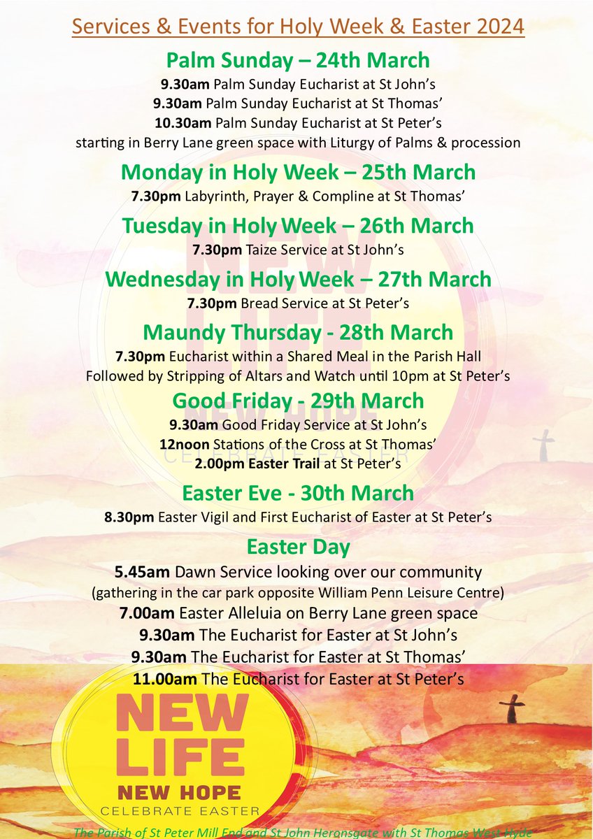 Herewith full details of our services over Holy Week (24-31 March 2024).

We look forward to seeing you and walking this week with you.

All welcome always.