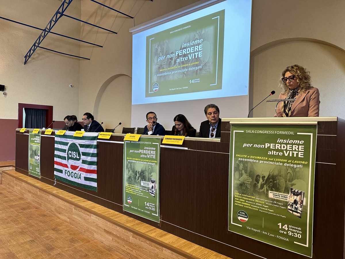 CISLFoggia's tweet photo. #14marzo - ‘Insieme per non perdere altre vite’ Assemblea provinciale delegati Cisl Foggia - @CostantinoCisl “Fermare #incidenti sui luoghi di #lavoro è dovere interistituzionele. Potenziare #prevenzione, rispetto #norme, #controlli formazione. Concertazione con forze sociali” https://t.co/wJ1ynkgrBp