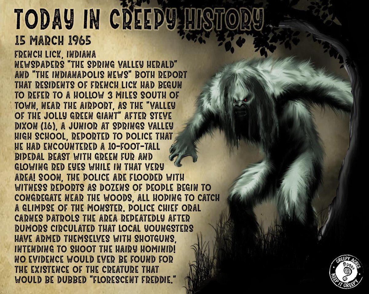 creepyacres's tweet photo. 59 years ago!

While many claim Florescent Freddie was a hoax, it’s worth mentioning that French Lick, Indiana makes up one corner of the infamous "Big Lick Triangle," a hot spot for tales of goatmen, ghosts, demons, UFOs, cryptids, monsters, giant birds, and, of course, Bigfoot! https://t.co/Gynh56XxoL