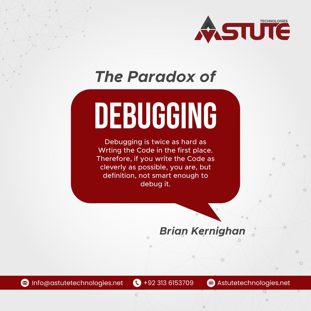 AstuteTech3's tweet image. In the world of coding, debugging is considered to be twice as challenging as writing the code itself.Therefore, it is recommended that programmers prioritize simplicity over complexity when crafting code
#Astutetech #Astutetechnologies #debugging #complexcode #errors #Programmer