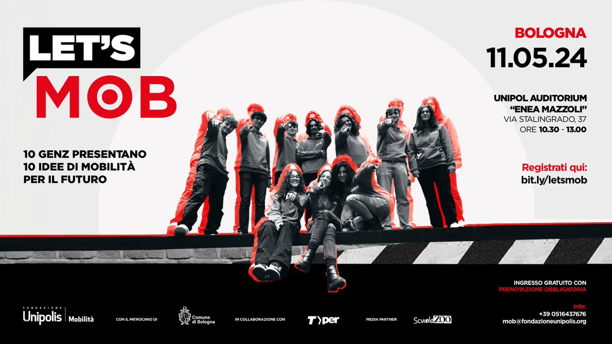 fondunipolis's tweet photo. Cosa succede quando 10 giovani sognano di rivoluzionare la mobilità? Let's MOB!
Con @JodyJDC e @lafisicaccp l'11/5 a Bologna un grande evento sul futuro della mobilità dedicato alla #genz.
Prenota il tuo posto > https://t.co/AScOUDHlew
***
Con il patrocinio del @comunebologna https://t.co/eeaqzSURoH