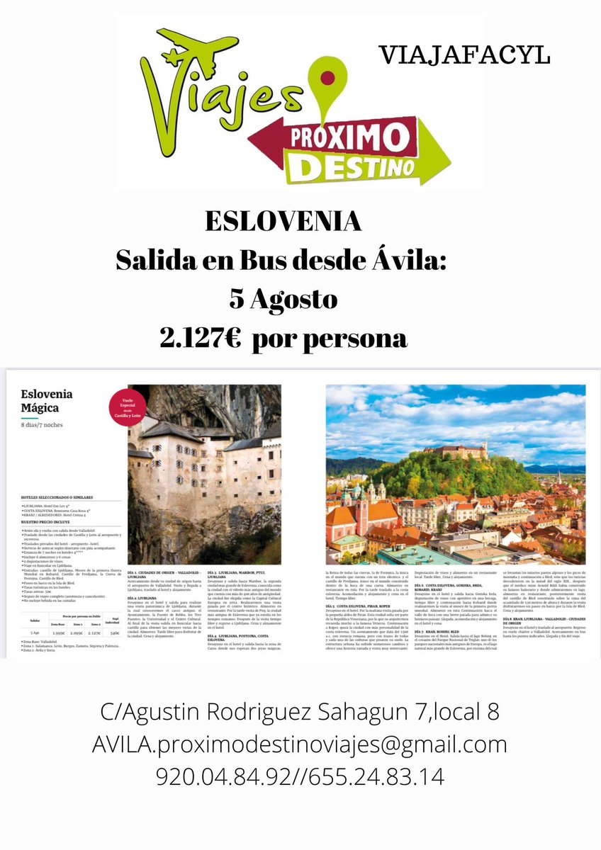 Salida desde ÁVILA!!!!! 

Volamos a la mágica Eslovenia el 5 de agosto! 🇸🇮✈️
 #DescubreEslovenia #ViajeInolvidable #viajafacyl #ExploraConNosotros #Eslovenia #TuAgenciaDeViajes #avila #viajesproximodestino🏰🍷🌍