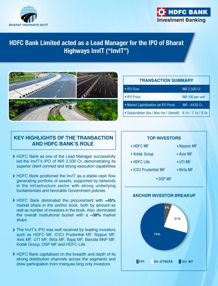 Leading by example! HDFC Bank successfully steered the ₹2,500 Cr IPO as a Lead Manager for Bharat Highways InvIT. Read more below: #HDFCBank #IPO #Investor #InvIT