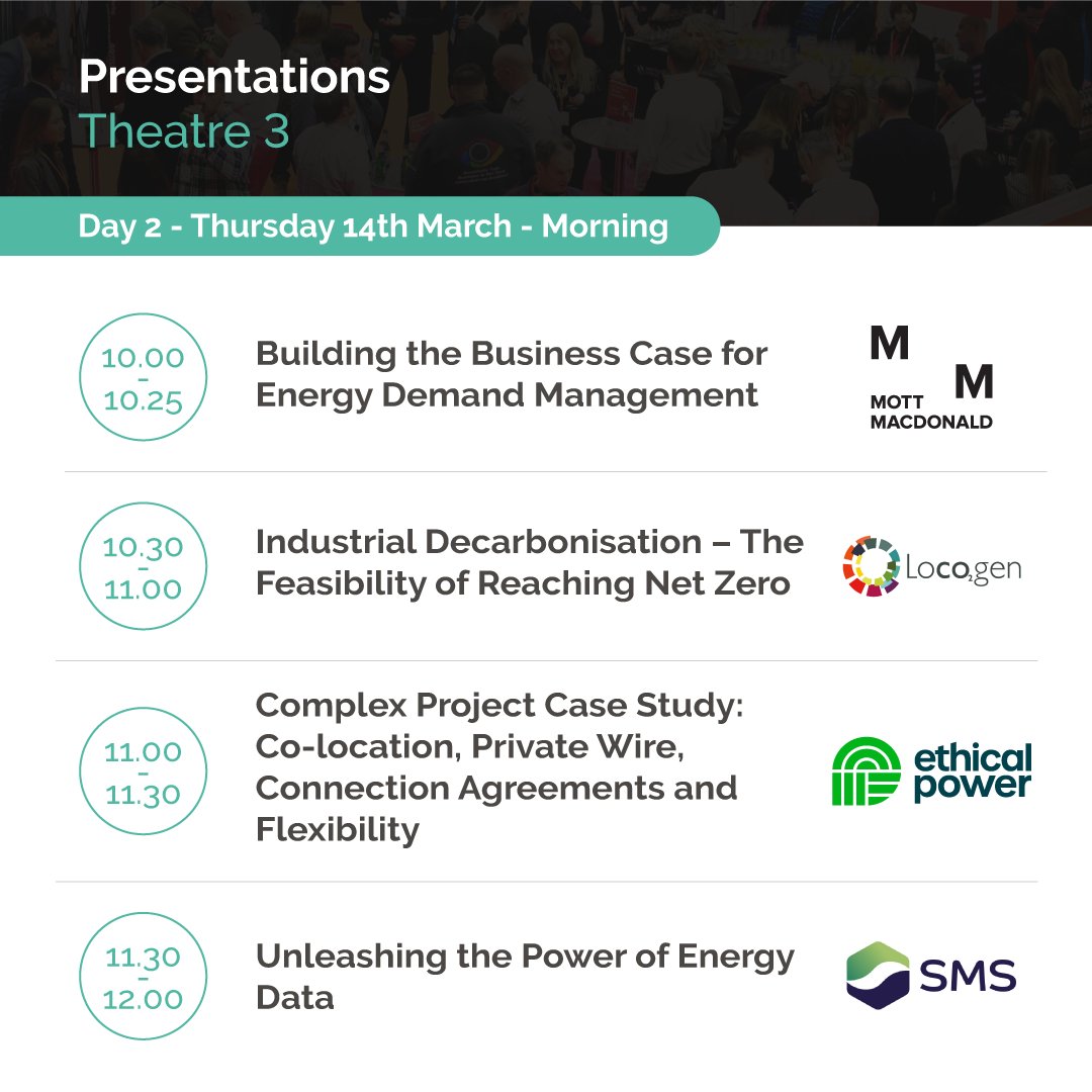 Theatre 3 Morning Agenda: Watch presentations from @MottMacDonald, @Locogen, @ethicalpowerltd and @SMS_plc. Sign up to our newsletters: vist.ly/392aa #DES24