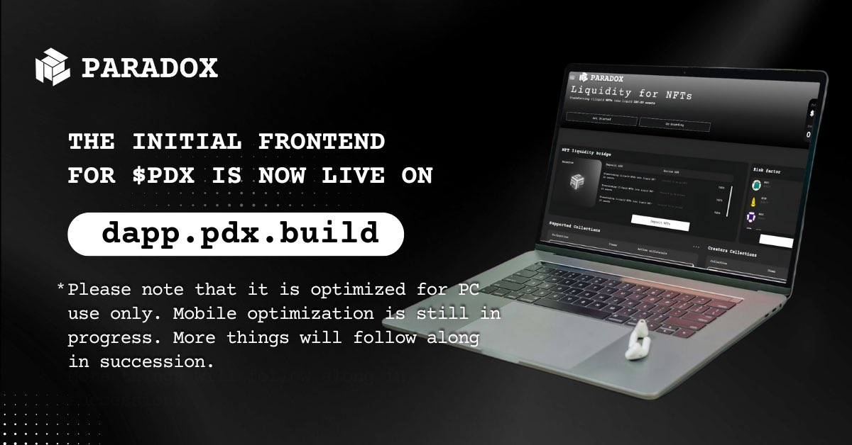 The initial frontend for $PDX is now live on dapp.pdx.build. 

Please note that it is optimized for PC use only; mobile optimization is still in progress.

More things will follow along in succession
