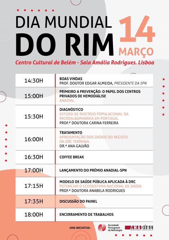 A SPN e a ANADIAL vão hoje assinalar o Dia Mundial do Rim com uma conferência no Centro Cultural de Belém. Entre os vários convidados para esta sessão, estarão presentes representantes da DGS, da Direção Executiva do SNS e das Ordens dos Médicos Enfermeiros.