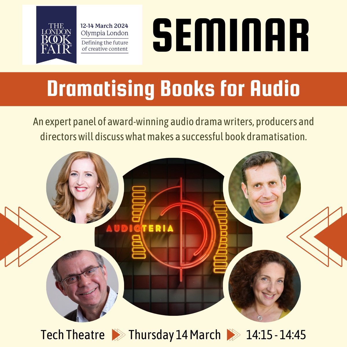 audioteria's tweet photo. Day 3 of @LondonBookFair.  #LBF24 seminar “Dramatising Books for Audio” 14:15-14:45 in the Tech Theatre. Panel includes @bigfinish scriptwriter/director @HelenGoldwyn, author/writer @Richard_Kurti along with @B7Media producer @HQvoice &amp; director @sewell7. https://t.co/0bNuylHX3D https://t.co/qgSEp6ZMiS