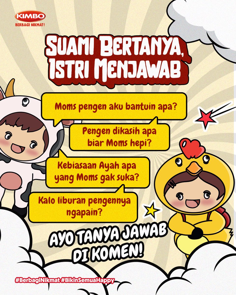 Yang masih bingung vs. Yang bisa ngasih jawaban, ayo komen! 👇
Buat suami yang pengen tau gimana caranya biar istri makin hepi, bisa tanya-tanya nihh!

#Kimbo #BerbagiNikmat #NikmatBerkualitas #BikinSemuaHappy #LebihMengertiKeluarga