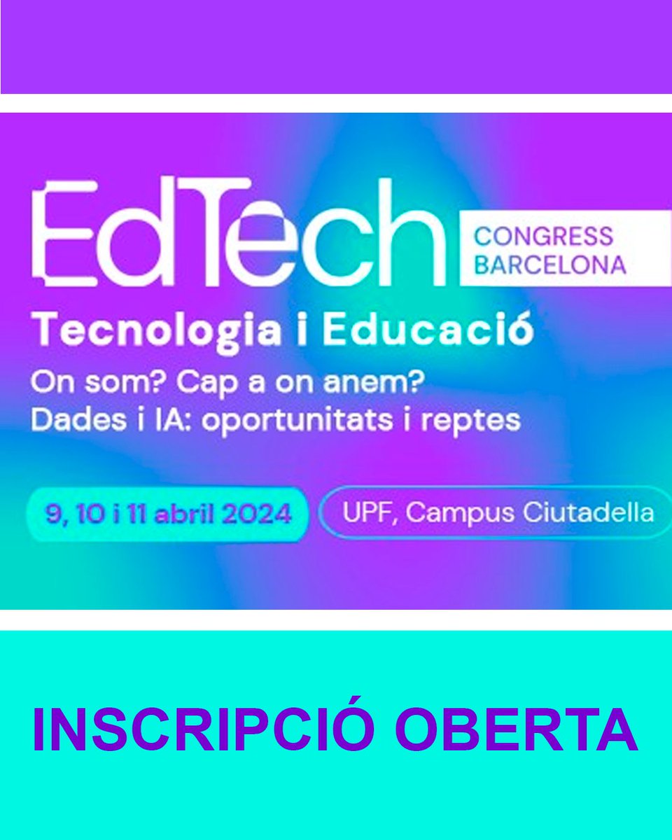 A l'abril se celebrarà la 10a edició de l'#EdTechCongress. Després de més de 20 anys de polítiques sobre l'ús de la tecnologia en l'educació, s'analitzarà en quin punt ens trobem i cap a on anem. 

📅 Inscripció fins al 7 d'abril

🔗 xtec.gencat.cat/ca/agenda/Insc…

#AlsCentres