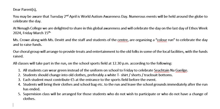 NenaghCollege's tweet photo. Colour Run information for parents
Friday 15th March 2024 #etbethos #ethosweek #Respect #Care #Equality #community #excellence https://t.co/2yhZ9kPBeI