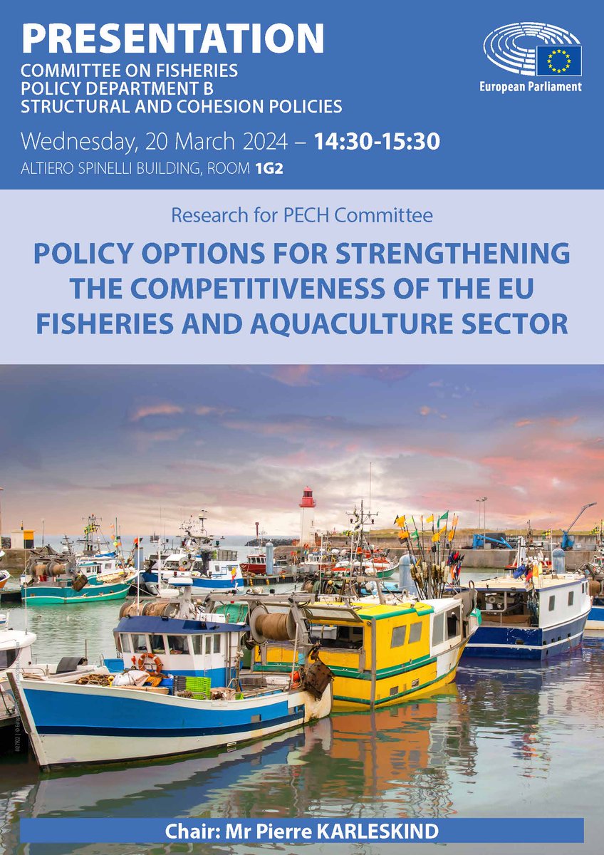 📢 Don’t miss our #studypresentation on Policy options for strengthening the competitiveness of the EU #fisheries and #aquaculturesector! It’s on 20 March at 14.30. Webstreaming will be available here: multimedia.europarl.europa.eu/en/webstreamin… Read the study: research4committees.blog/2024/03/07/pub… @EP_fisheries