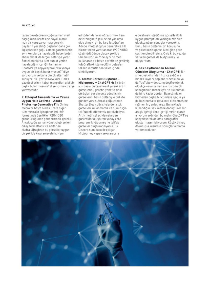 OMG! İletişim Medya İlişkileri Direktörü Mustafa Boran “PR Süreçlerinde Yapay Zeka Nasıl Kullanılır ?” başlıklı yazısında yeni teknolojilerin PR süreçlerinde nasıl kullanılabileceğini ve bir asistan olarak işleri nasıl kolaylaştırabileceğini anlattı.