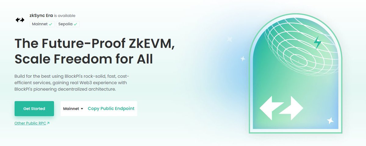 #zkSyncEra is a Layer-2 protocol that scales Ethereum with cutting-edge ZK tech. Our mission is not only to merely increase Ethereum's throughput, but to fully preserve its foundational values – freedom, self-sovereignty, decentralization – at scale.
blockpi.io/zksync