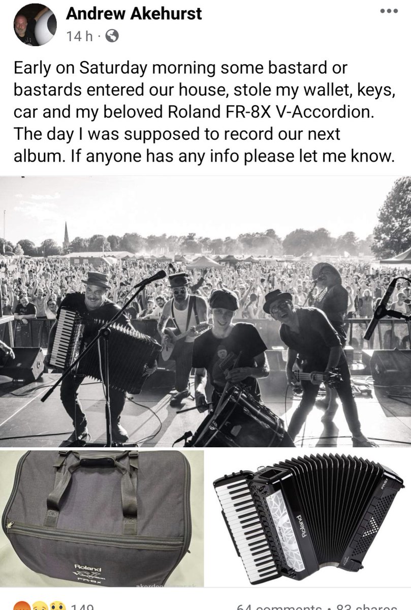 Please can you share so we can make Andrew's stolen accordion (the tool of his musical trade) too hot to handle. This theft took place in Bury St Edmunds. I have permission to share this.