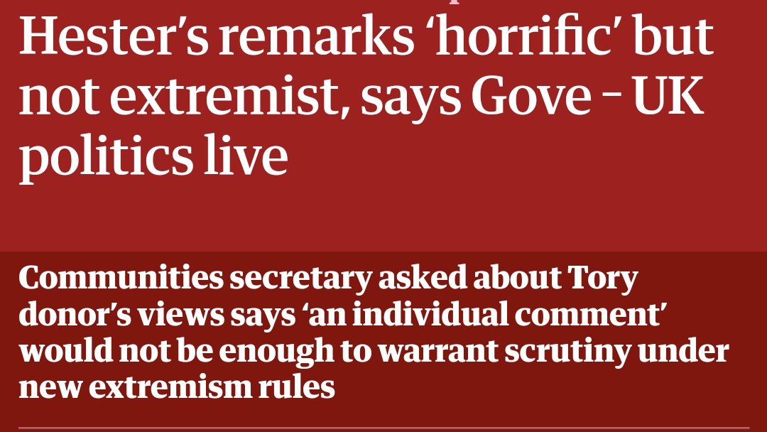 Extremist: saying you want to kill somebody and hate a specific race Not extremist: saying you want to kill somebody and hate specific a race, but giving the Tories £10m