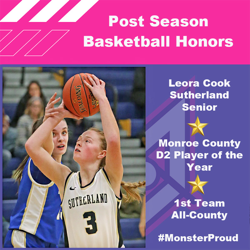 #MonsterProud: Leora Cook, Sutherland HS Senior, was selected as the Monroe County Division 2 Player of the Year and First Team All-County! Great way to finish her high school basketball career. Congratulations Leora! #Multisportathlete @SutherlandBball <a href="/PrimetimeBall_/">Primetime585⭕️</a>