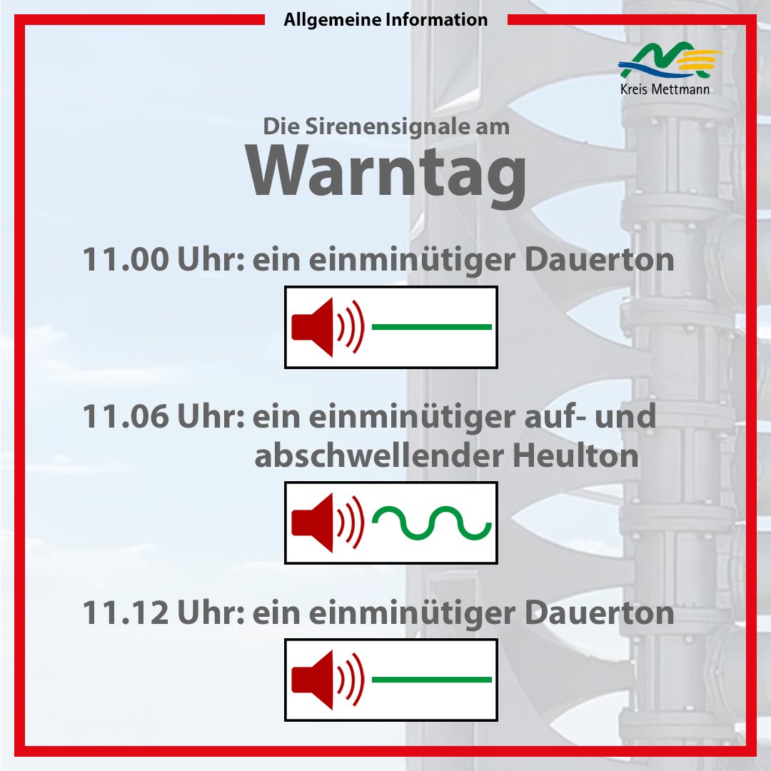 KreisMettmann's tweet photo. ⚠ Sie hören gerade die Sirenen 🔊 in Ihrer Stadt? Keine Panik, dies ist nur ein #Probealarm! Getestet werden außerdem: #CellBroadcast und #WarnApps 📱 wie „Nina“, „Katwarn“ und „Biwapp“, sowie Lautsprecherdurchsagen. 📢 https://t.co/OzSbVKQ4aq