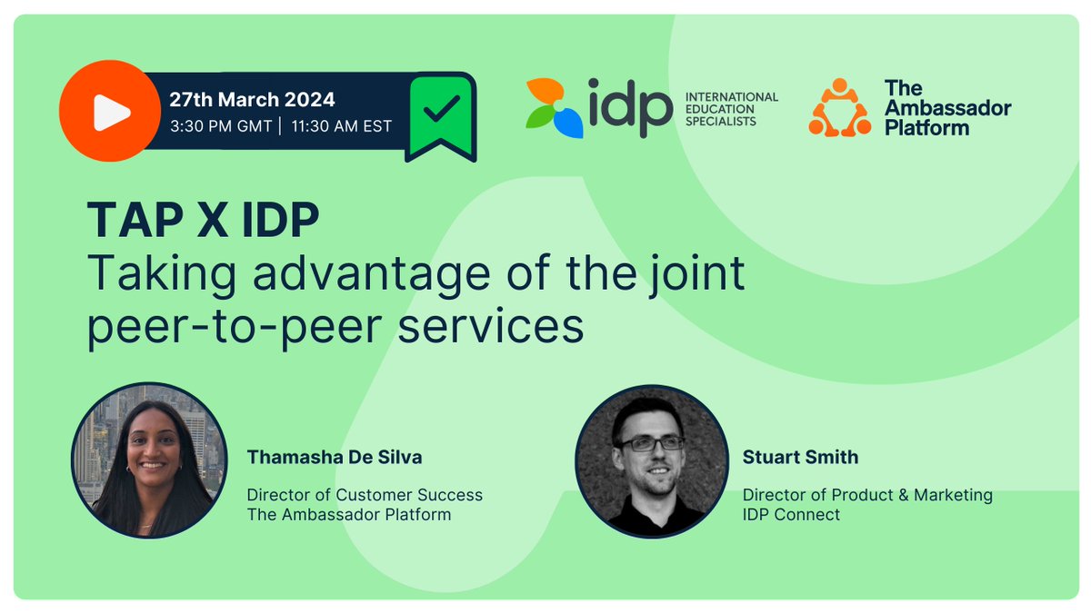 IDP Connect (@idp_connect) on Twitter photo Mark your calendars for March 27th! Join for a first look at IDP's Peer-to-Peer services, powered by <a href="/TAPlatform/">The Ambassador Platform</a> If you are an IDP Core Partner or Content Hub subscriber, save your spot by registering here: hubs.li/Q02pq--h0 Mark your calendars for March 27th! Join for a first look at IDP's Peer-to-Peer services, powered by <a href="/TAPlatform/">The Ambassador Platform</a> If you are an IDP Core Partner or Content Hub subscriber, save your spot by registering here: hubs.li/Q02pq--h0