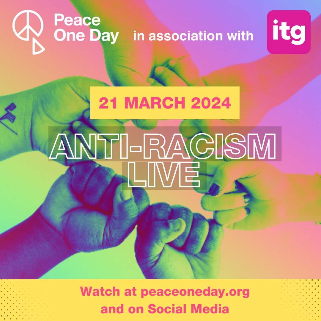 We’re sponsoring the <a href="/PeaceOneDay/">Peace One Day</a> Anti-Racism Live event this time next week on the 21st 🙌 Check it out for informative interviews, music, and more – details here 👉 

bit.ly/3PmW1gy

#AntiRacismDay #AntiRacismLive #PeaceOneDay #diversity #equality #inclusion