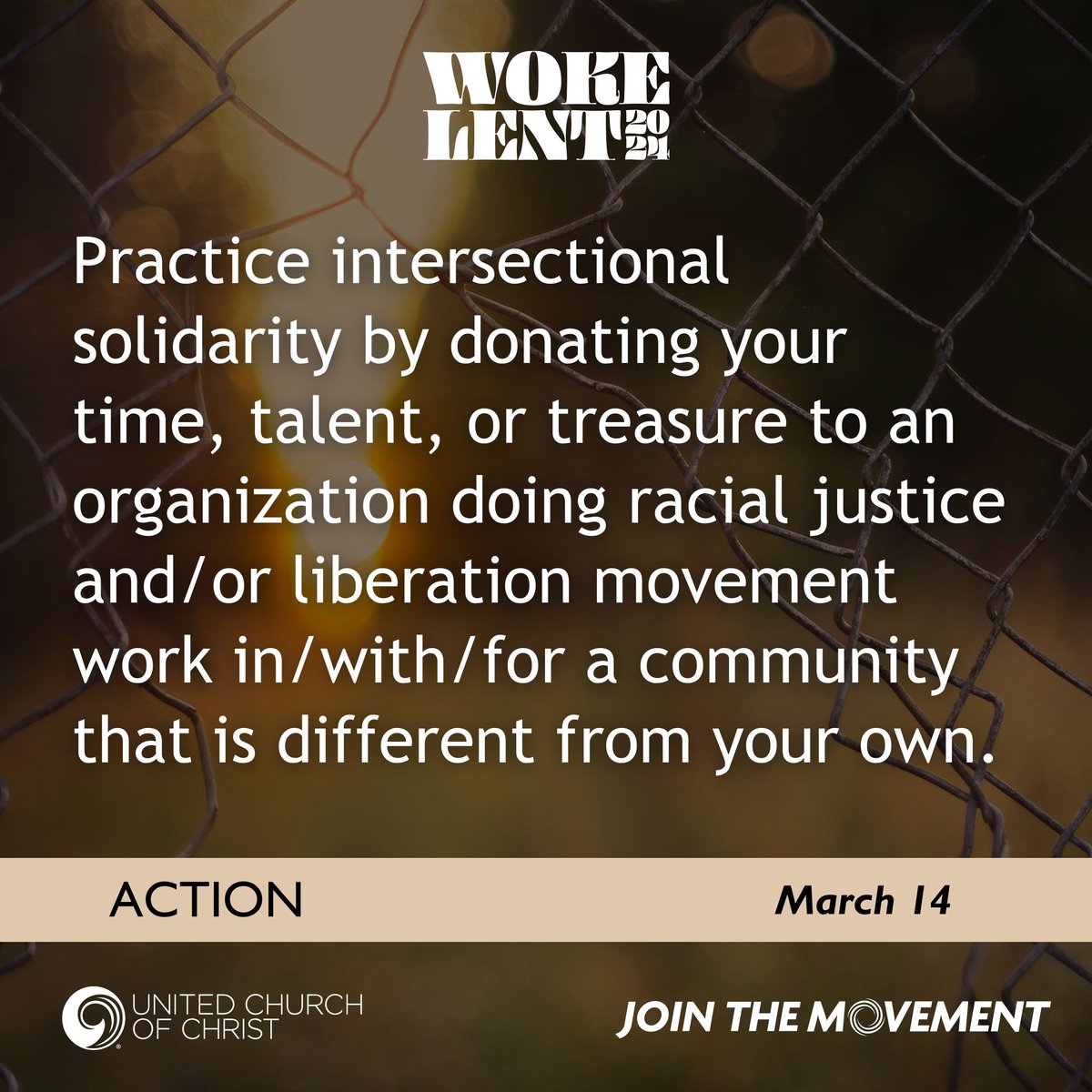 UnitedChurch's tweet photo. π Practice intersectional solidarity by donating your time, talent, or treasure to an organization doing racial justice or liberation movement work in/with/for a community different from your own.
β¬οΈ #WokeLent2024 calendar, etc: https://t.co/4Xixr4ngmd
#Lent #UCCMovement https://t.co/Ioe6OAjG3x