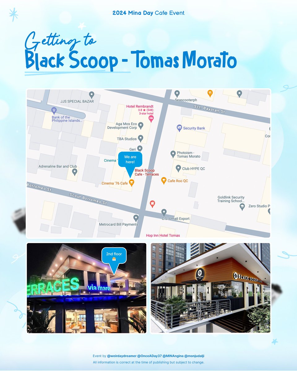 monjudalji's tweet photo. For our attendees, refer to the notice below on how to commute towards our venue!

🗓️ March 23 (Sat) // 2:00 pm to 5:30 pm
📍 Black Scoop, Tomas Morato, QC

Registration is still open: https://t.co/ZxGL1ummMB

#PauseWithMina #HappyMinaDay @JYPETWICE https://t.co/SQmxtBvHF3