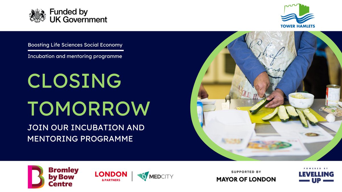 🚨 CLOSING TOMORROW 🚨 🚀 Do you have an idea to improve public health? We’re looking for social entrepreneurs in Tower Hamlets to join our free incubation & mentoring programme for business ideas that take care of your body and mind. Apply ⬇ ow.ly/pXxH50Qqh3l #UKSPF