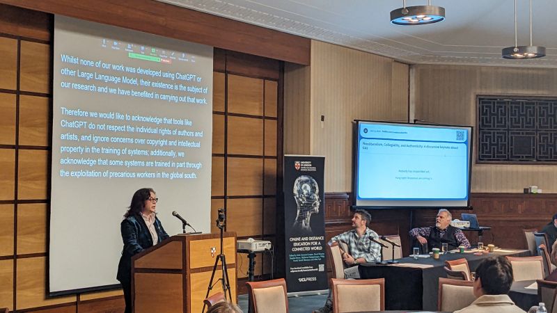 🏁🏁🏁The #RIDE2024 conference off to a great start! Donna Lanclos with Lawrie Phipps and Richard Watermeyer talking about GAI in their keynote 'Neoliberaliam, Collegiality and Authenticity'.