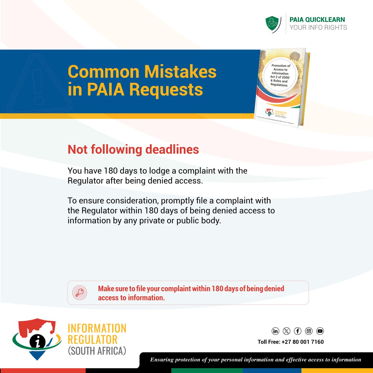 Always be mindful of the stipulated timeframes when lodging PAIA complaints to avoid any delays or potential rejection of your complaint. #Compliance #AccesstoInformation #InformationAccess #PAIA