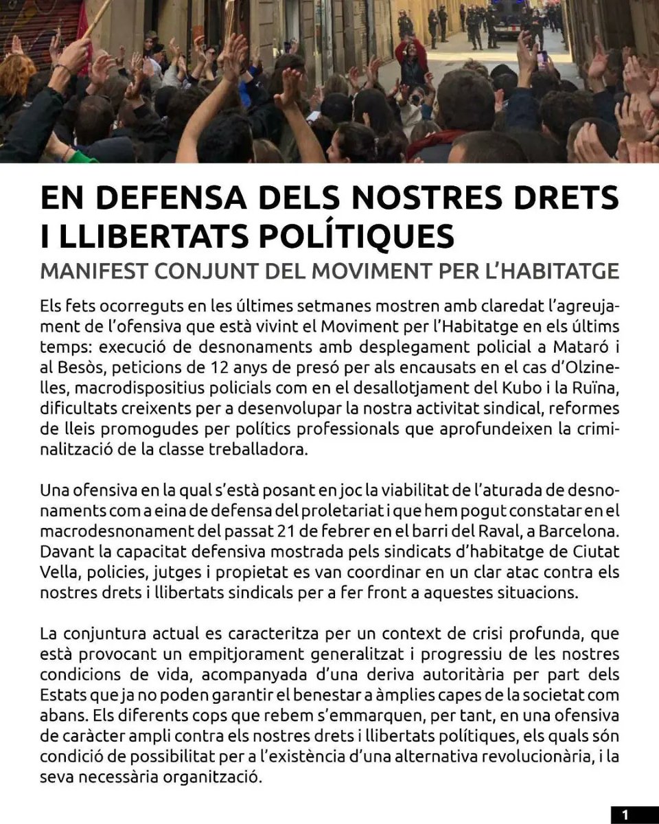 SHabitatgeReus's tweet photo. 🔴 EN DEFENSA DELS DRETS I LLIBERTATS POLÍTIQUES DE LA CLASSE TREBALLADORA 

Manifest unitari del moviment per l'habitatge 👇 https://t.co/mduQi9OHtt