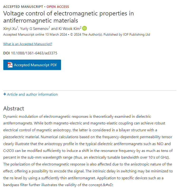 JPhysD's tweet image. 🆕 Check out this #AcceptedManuscript on &quot;Voltage control of electromagnetic properties in antiferromagnetic materials&quot; ⚡️🔓 Read the full #OpenAccess article here 👉 iopscience.iop.org/article/10.108… #AppliedPhysics @IOPmaterials @NCState