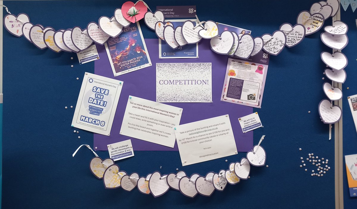 45 hearts on our #IWD2024 @womensday wall in @coopuk Cowick St, now made into bunting. Still time to enter our competition- send a pic of it to helloneighbour@coop.co.uk for a chance to win £100 for you & £100 for a local charity of your choice. Closes tmrrw 💜 #InspireInclusion